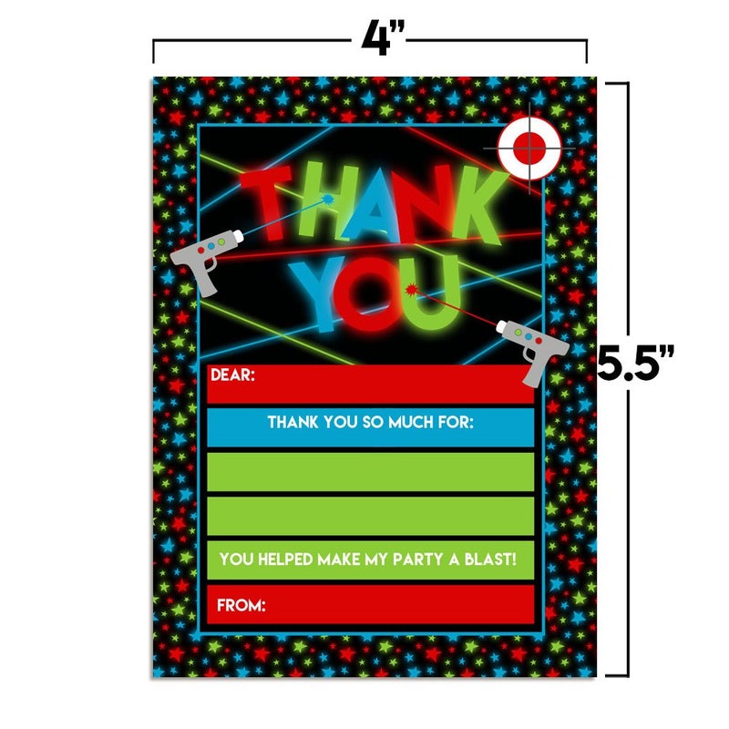Amanda Creation Laser Tag Theme 10 Birthday Thank You Notes 4"x5.5" Fill-In Cards with Envelopes, Boys Party Stationery Set, Fun Neon Glow Laser Beam Design for Kids Gifts, Made in USA by Amanda Creation - Image 5